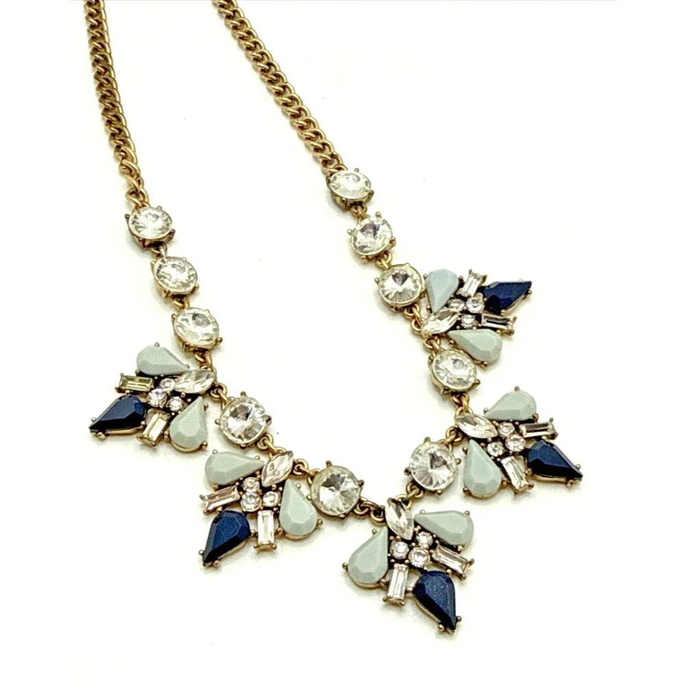 J. CREW Clear & Blue Pointed Cluster Bib Necklace Crystal Rhinestone Statement